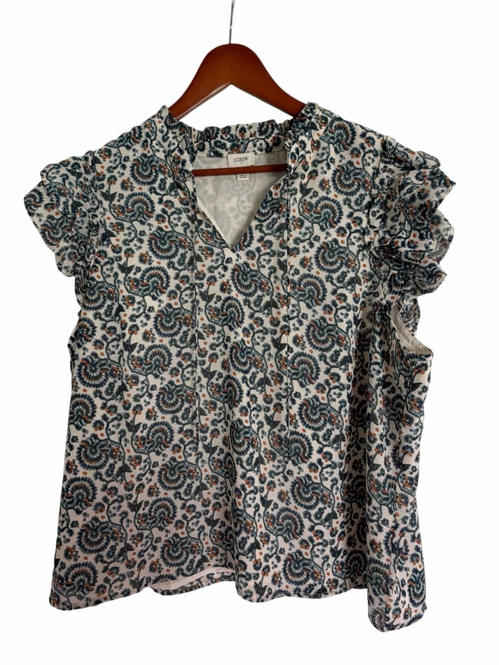 J. Crew Floral Print Ruffle Sleeve V-Neck Blouse in Ivory and Teal